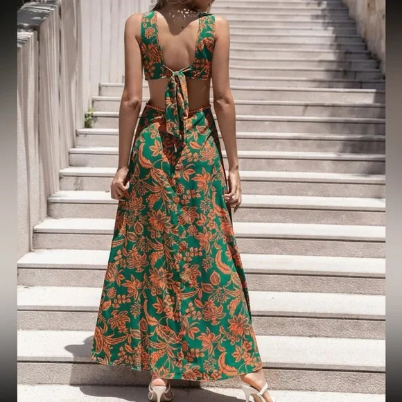 Boho Floral Print Cut Out Waist Back Tie Bow Dress - Picture 10 of 12